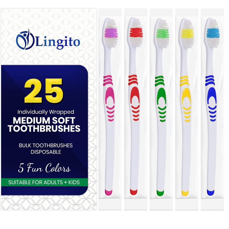 Lingito 25 Bulk Toothbrushes | Individually Wrapped | Manual Disposable Travel Toothbrush Set for Adults or Kids | Made with a Medium-Soft Large Head | Multi-Color | Travel Toiletry Oral Set - Image 2